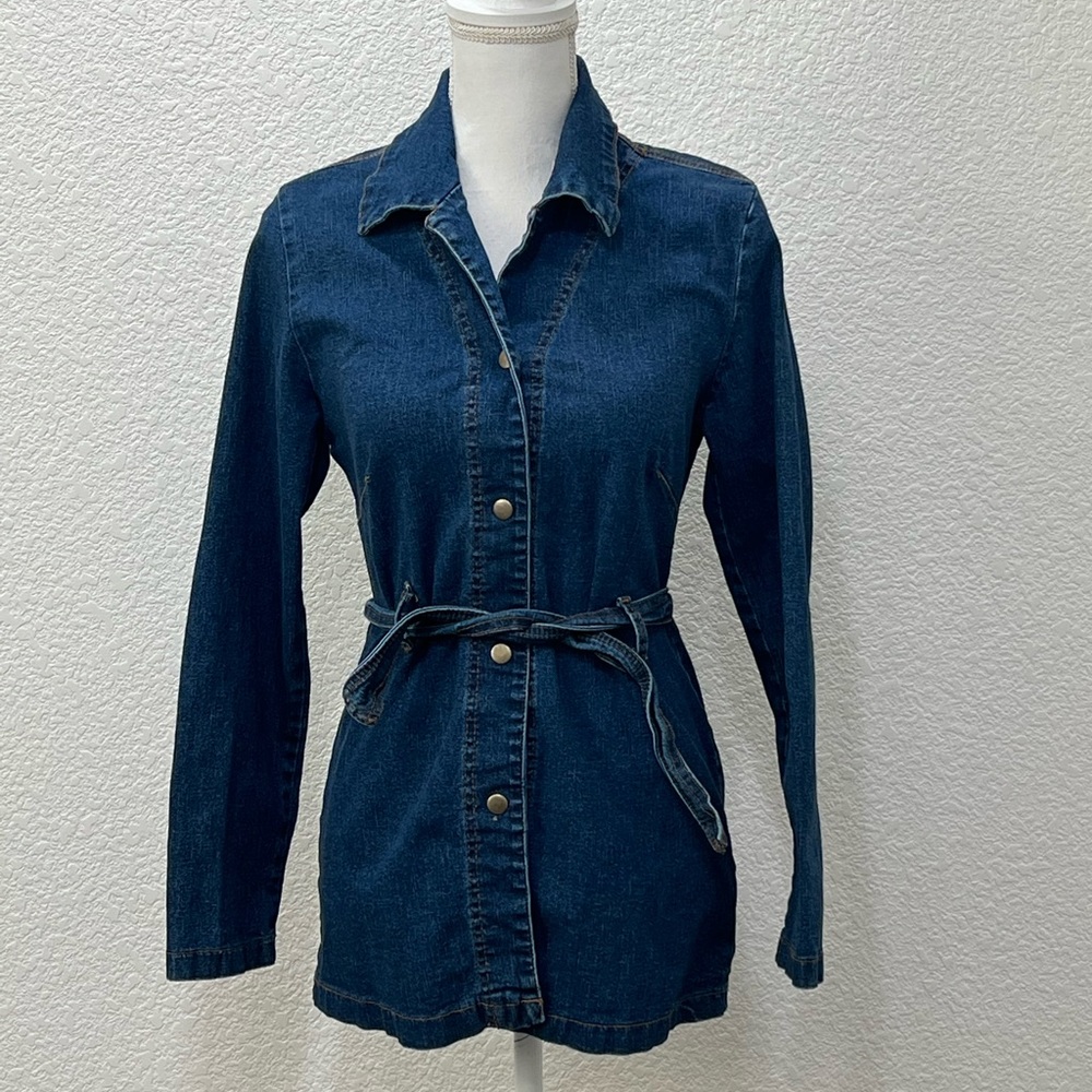 Vintage Y2K Size 9 Denim Button Down Coat JLO Dark Wash Stretchy Belt Coat 00s